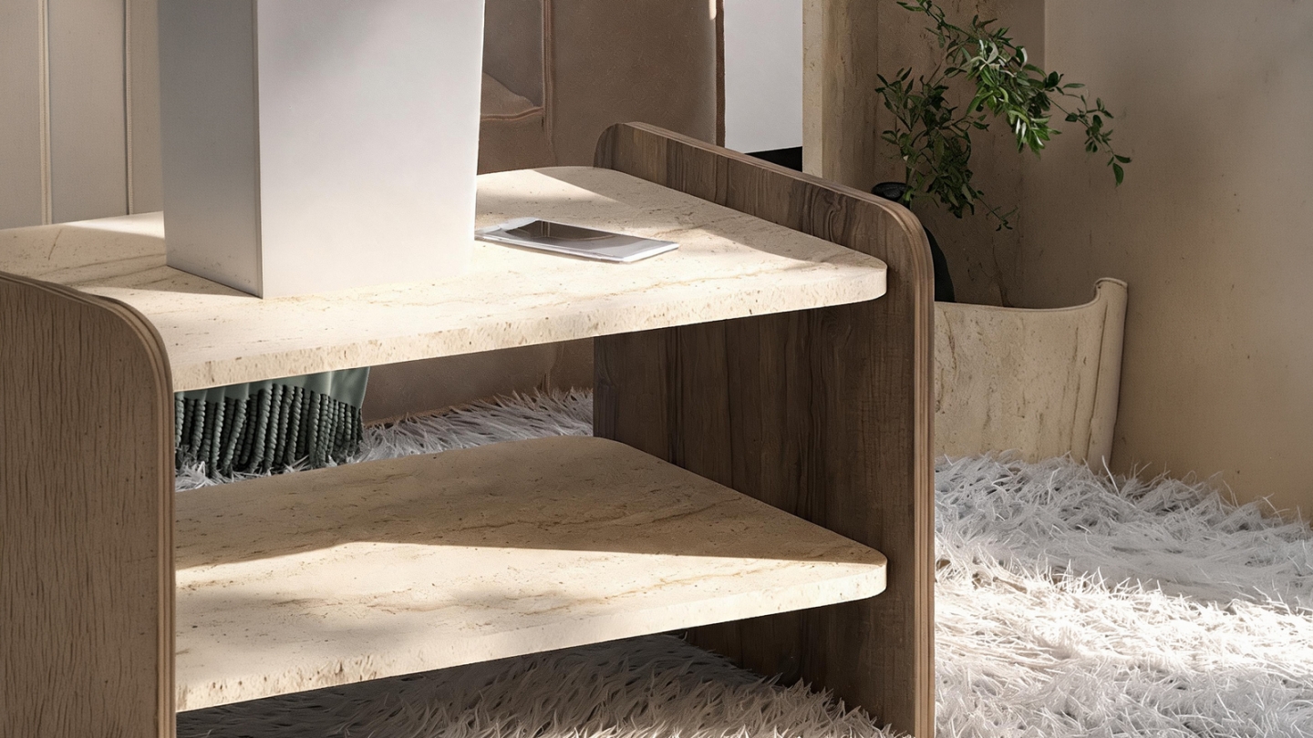 Table basse 1 niche effet travertin et noyer 89,8 cm - Cielo Table basse 1 niche effet travertin et noyer 89,8 cm - Cielo