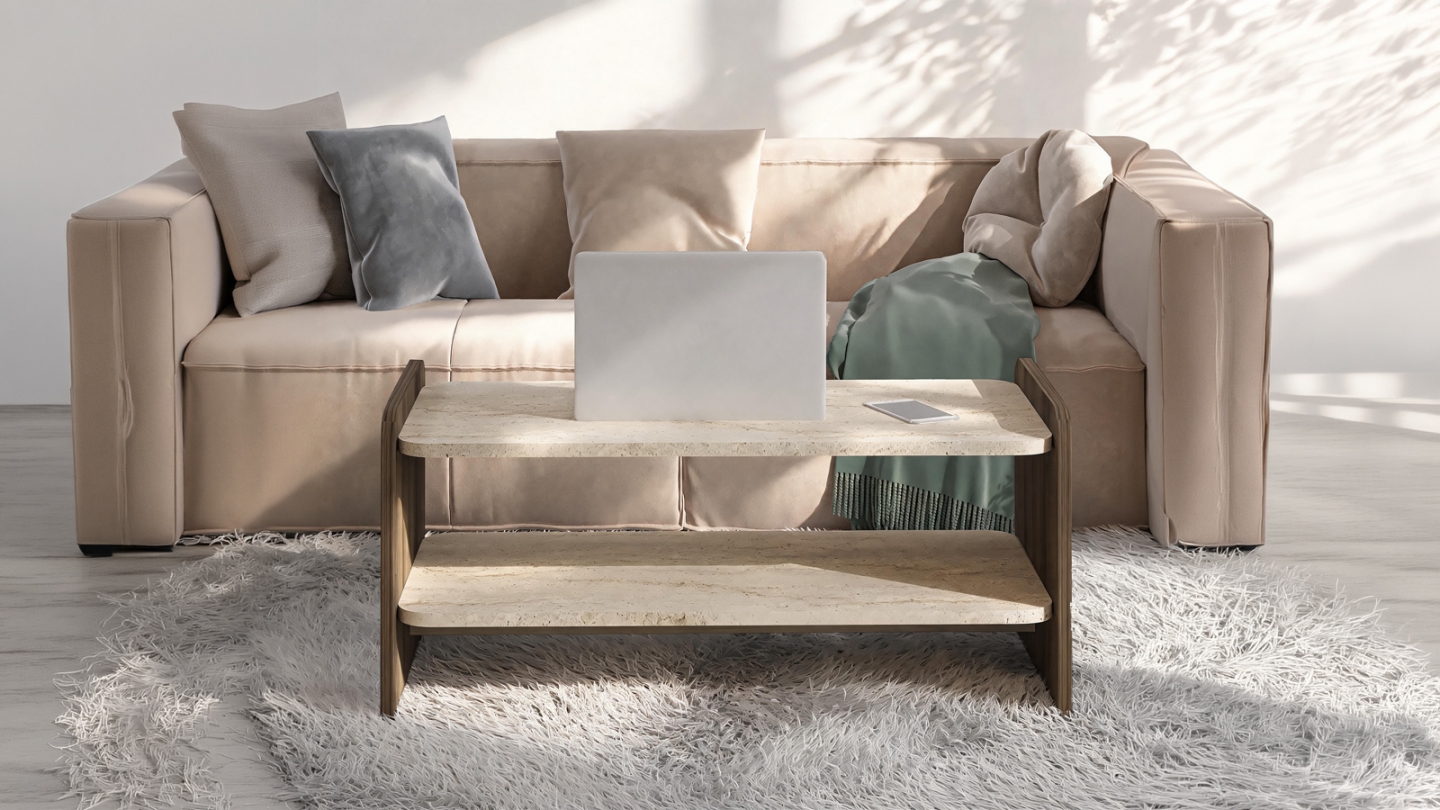 Table basse 1 niche effet travertin et noyer 89,8 cm - Cielo Table basse 1 niche effet travertin et noyer 89,8 cm - Cielo