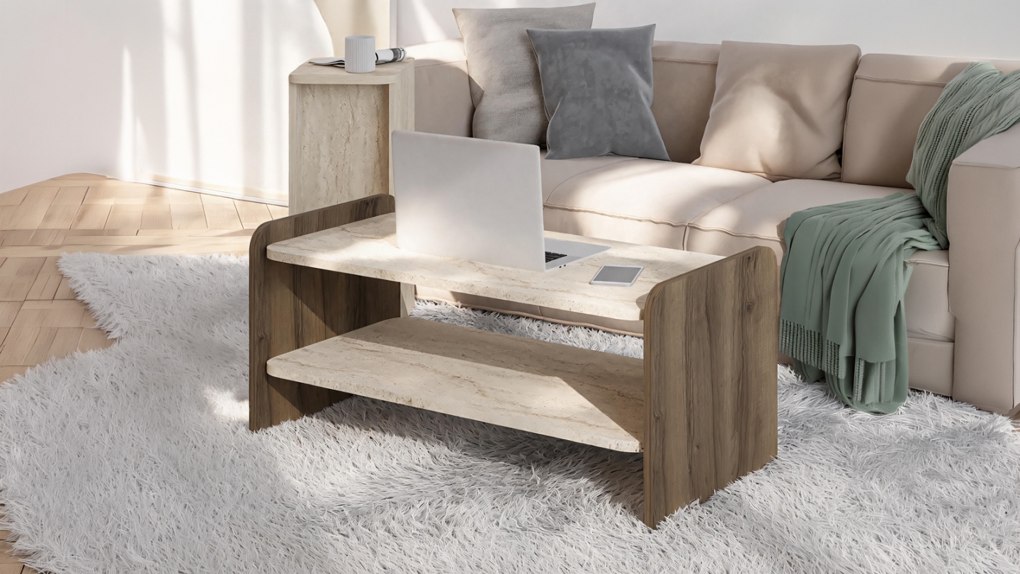 Table basse 1 niche effet travertin et noyer 89,8 cm - Cielo Table basse 1 niche effet travertin et noyer 89,8 cm - Cielo