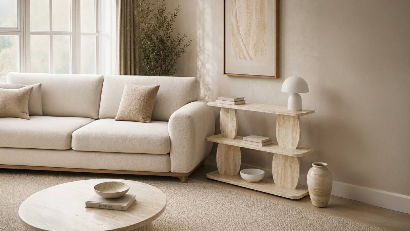 Table d'appoint 2 niches effet travertin 90 cm - Vero Table d'appoint 2 niches effet travertin 90 cm - Vero