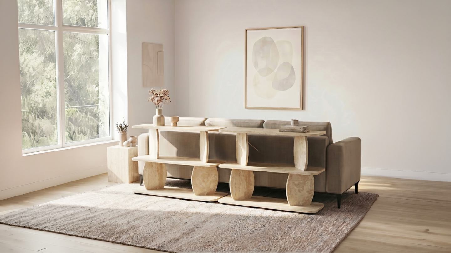 Table d'appoint 2 niches effet travertin 90 cm - Vero Table d'appoint 2 niches effet travertin 90 cm - Vero