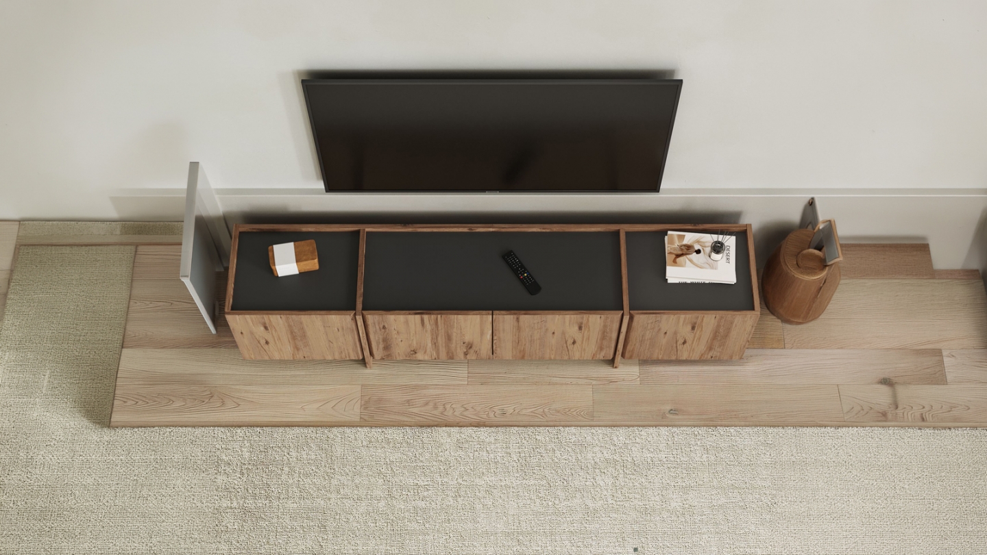 Meuble TV 4 portes effet pin et anthracite 180 cm - Hanao Meuble TV 4 portes effet pin et anthracite 180 cm - Hanao