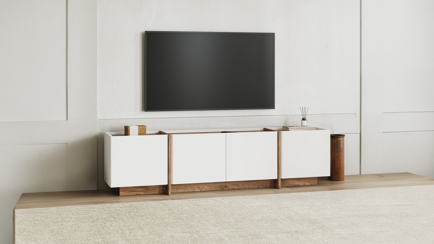 Meuble TV 4 portes effet pin et blanc 180 cm - Hanao Meuble TV 4 portes effet pin et blanc 180 cm - Hanao