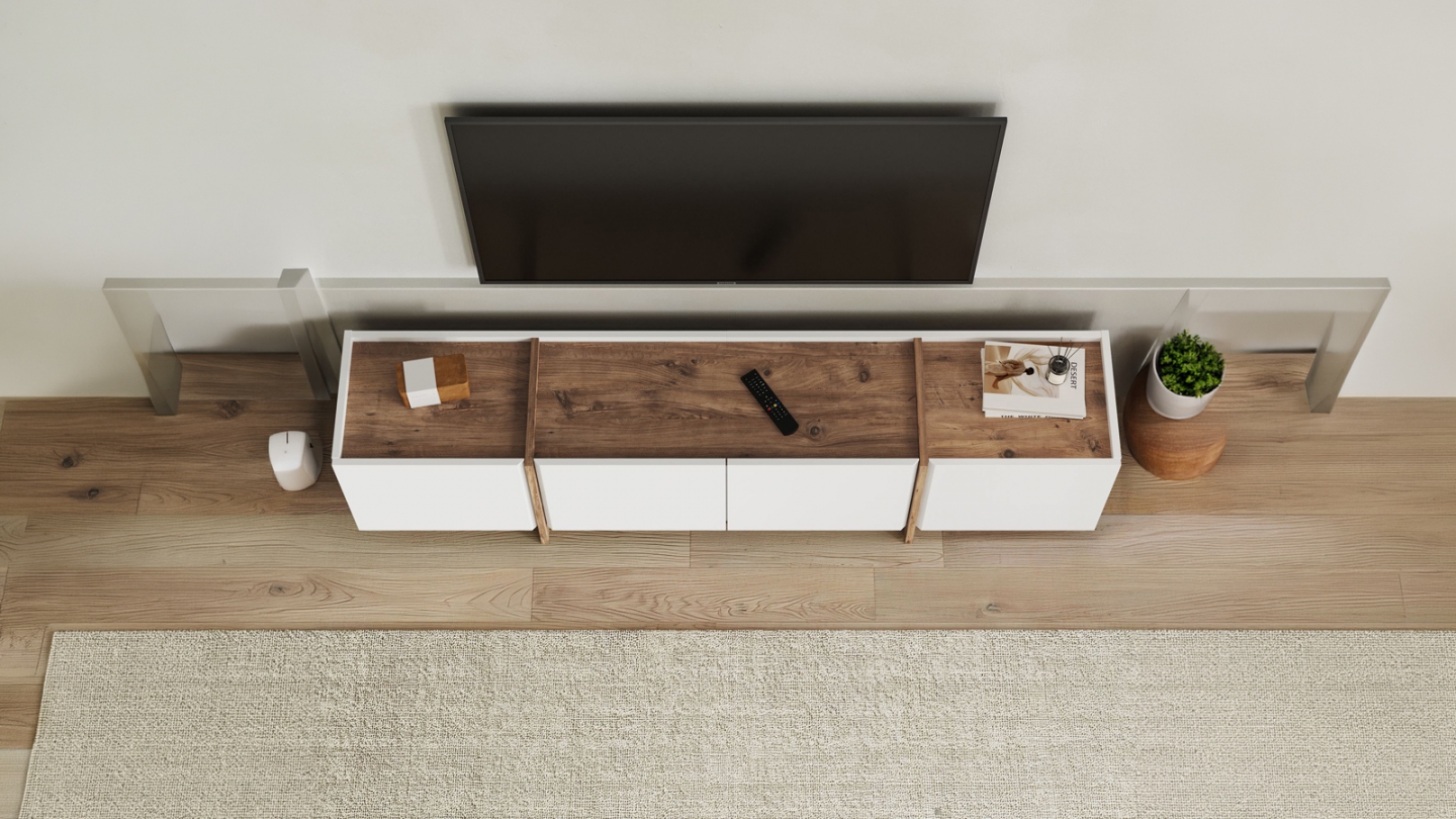 Meuble TV 4 portes effet pin et blanc 180 cm - Hanao Meuble TV 4 portes effet pin et blanc 180 cm - Hanao