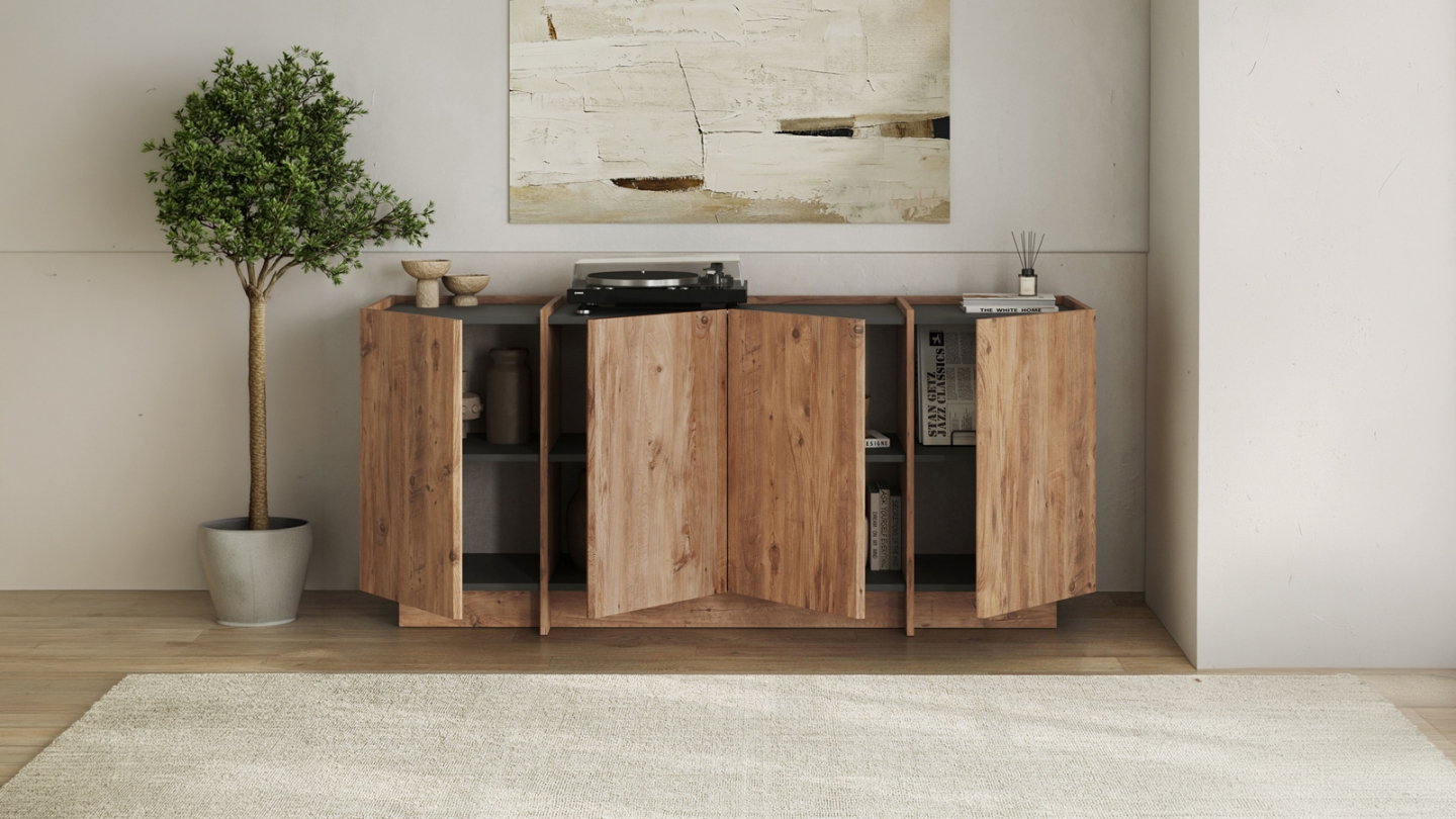 Buffet 4 portes effet pin et anthracite 180 cm - Amado Buffet 4 portes effet pin et anthracite 180 cm - Amado