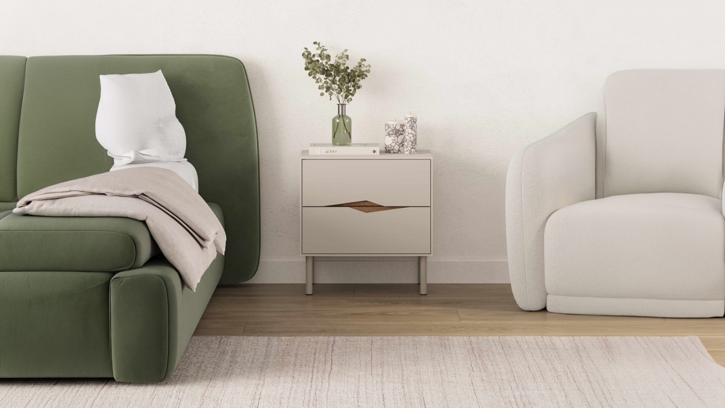 Table de chevet 2 tiroirs effet noyer foncé et beige 50 cm - Kelio Table de chevet 2 tiroirs effet noyer foncé et beige 50 cm - Kelio