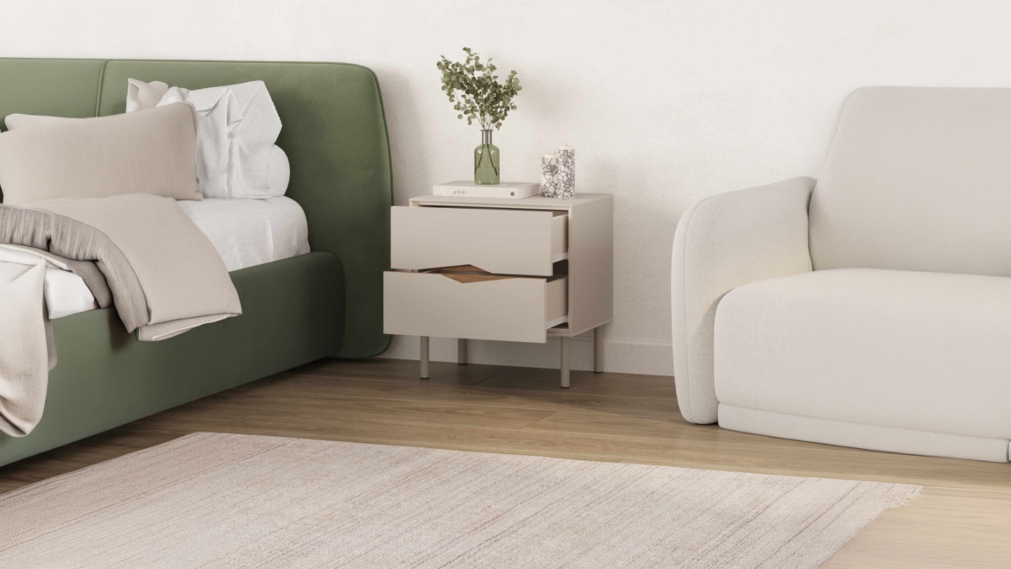 Table de chevet 2 tiroirs effet noyer foncé et beige 50 cm - Kelio Table de chevet 2 tiroirs effet noyer foncé et beige 50 cm - Kelio