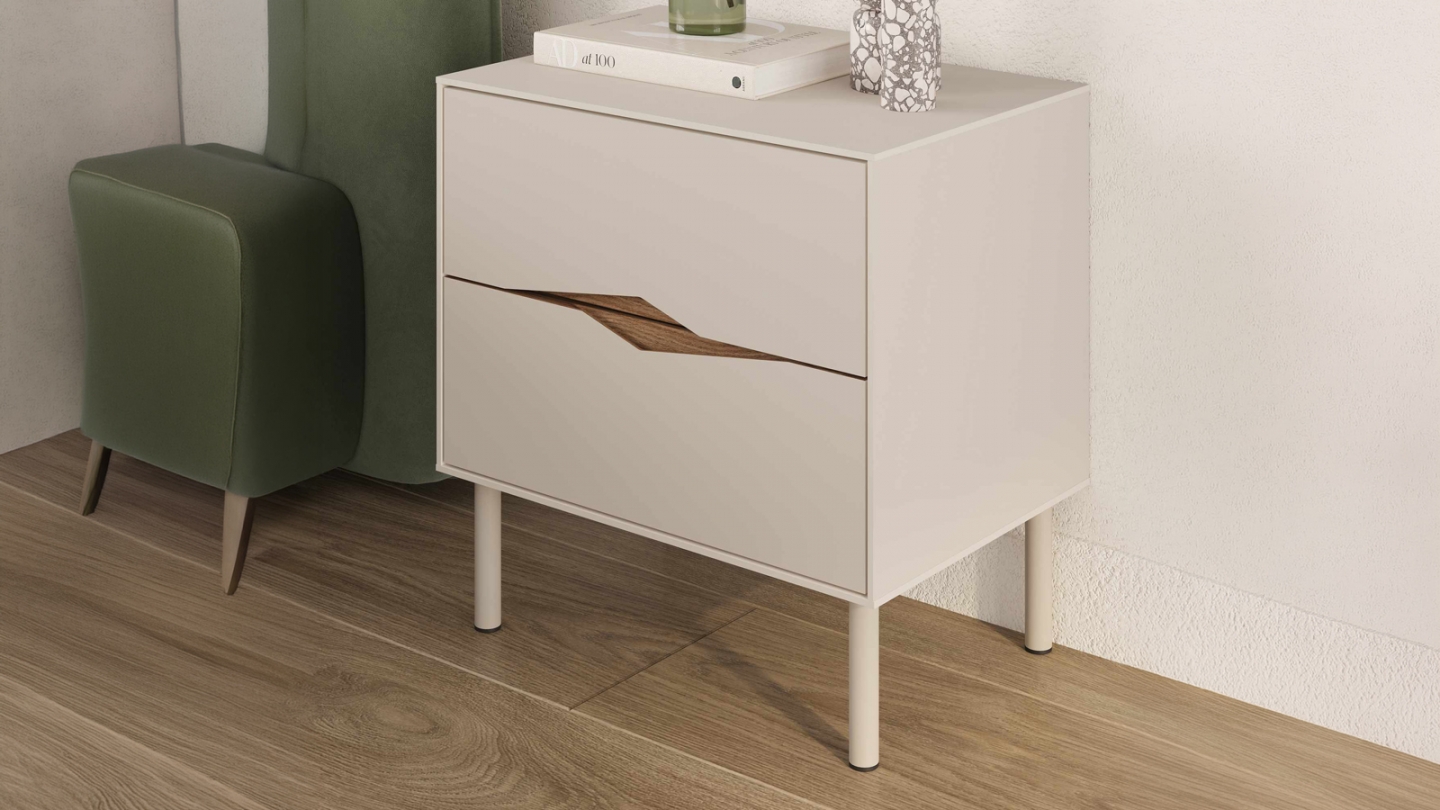 Table de chevet 2 tiroirs effet noyer foncé et beige 50 cm - Kelio Table de chevet 2 tiroirs effet noyer foncé et beige 50 cm - Kelio