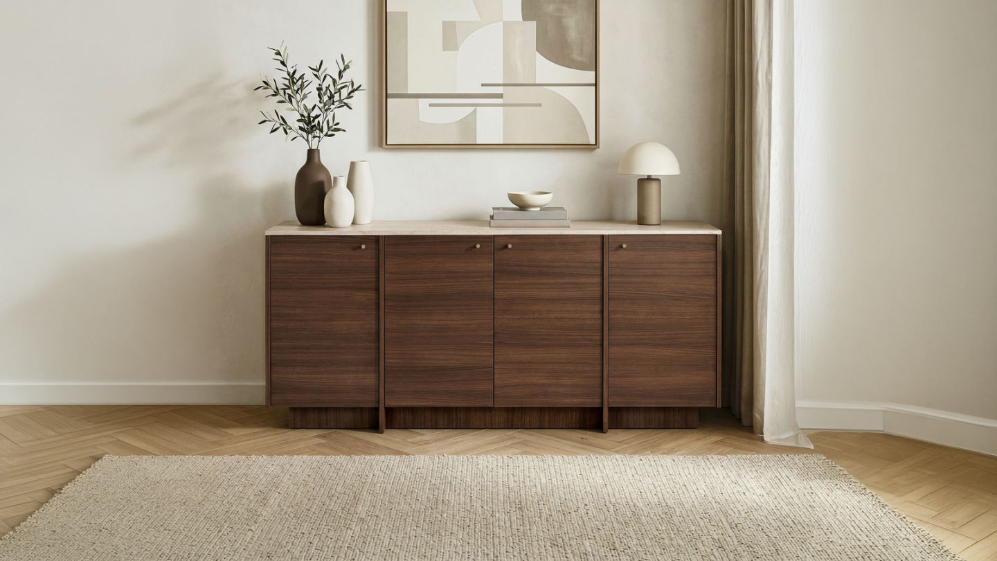 Buffet 4 portes effet travertin et noyer 180 cm - Lorio Buffet 4 portes effet travertin et noyer 180 cm - Lorio