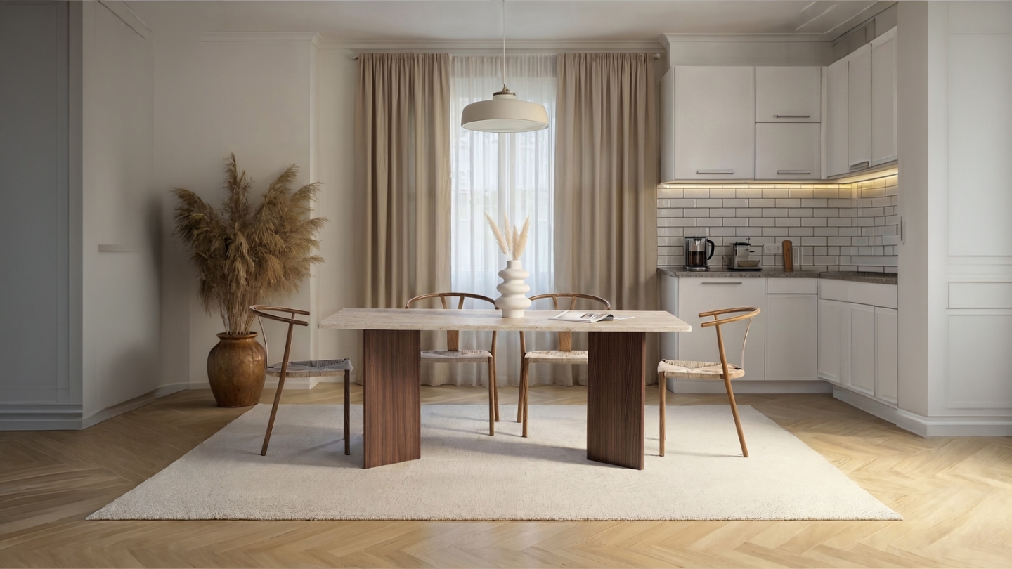 Table à manger effet travertin et noyer 6 convives 180 cm - Golia Table à manger effet travertin et noyer 6 convives 180 cm - Golia