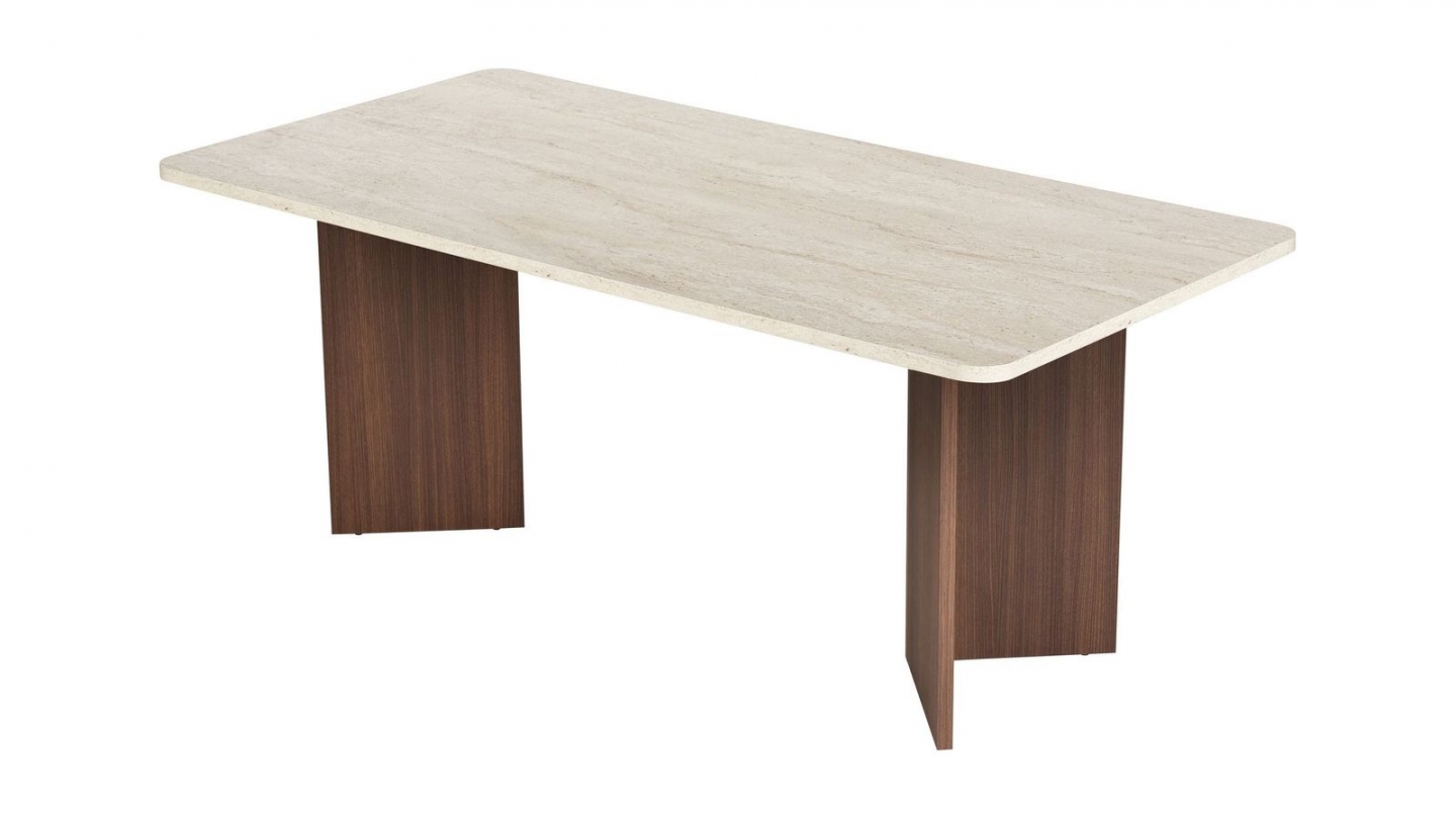 Table à manger effet travertin et noyer 6 convives 180 cm - Golia Table à manger effet travertin et noyer 6 convives 180 cm - Golia