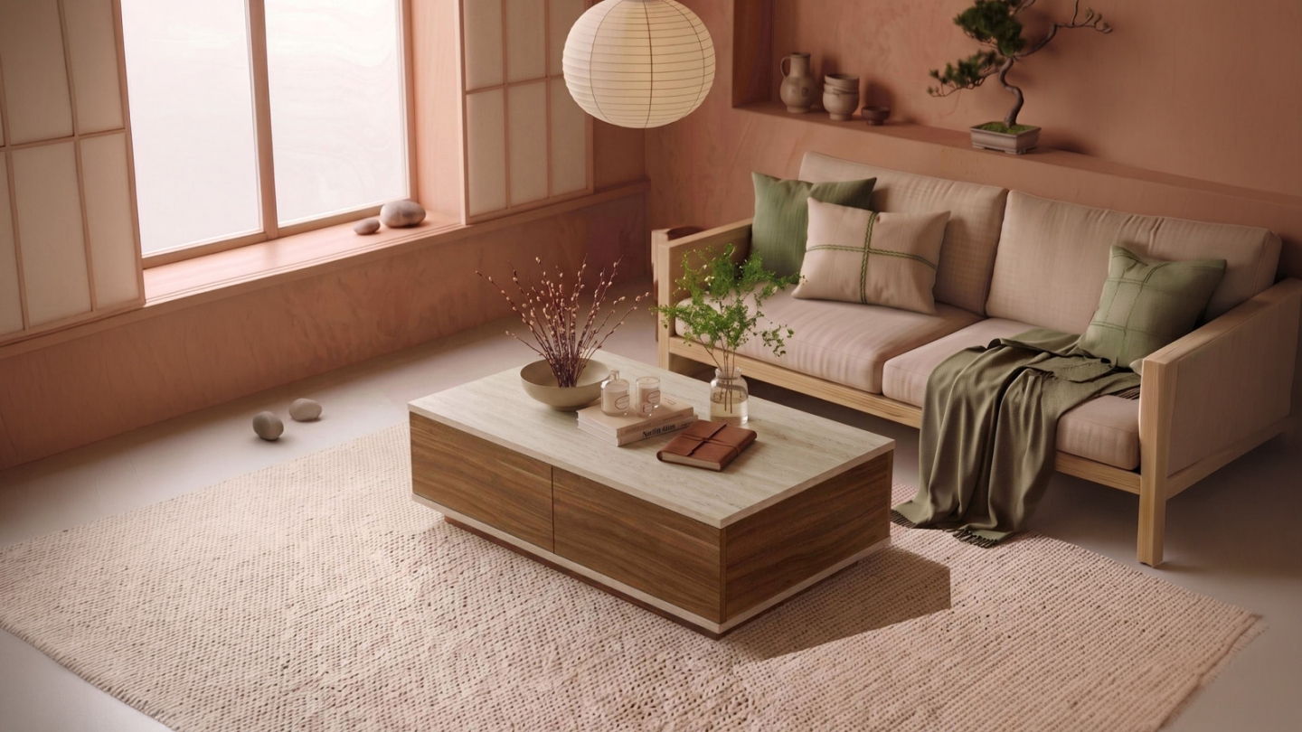 Table basse 2 portes effet noyer et travertin 90 cm - Ravia Table basse 2 portes effet noyer et travertin 90 cm - Ravia