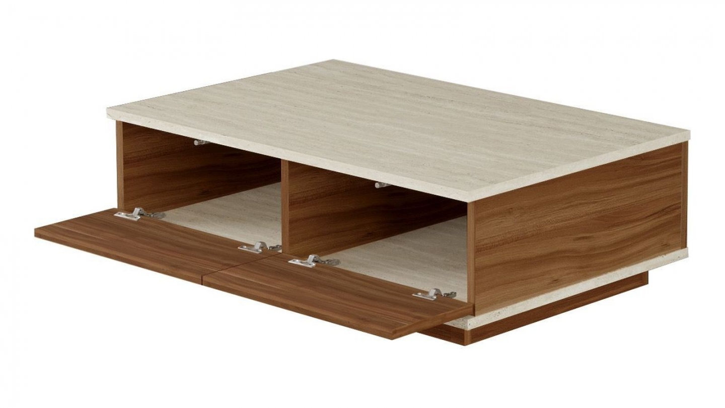 Table basse 2 portes effet noyer et travertin 90 cm - Ravia Table basse 2 portes effet noyer et travertin 90 cm - Ravia
