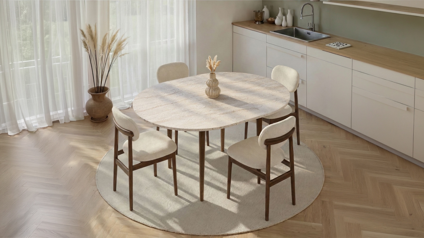 Table à manger extensible ronde effet travertin et noyer 4 convives 100/131 cm - Marea Table à manger extensible ronde effet travertin et noyer 4 convives 100/131 cm - Marea