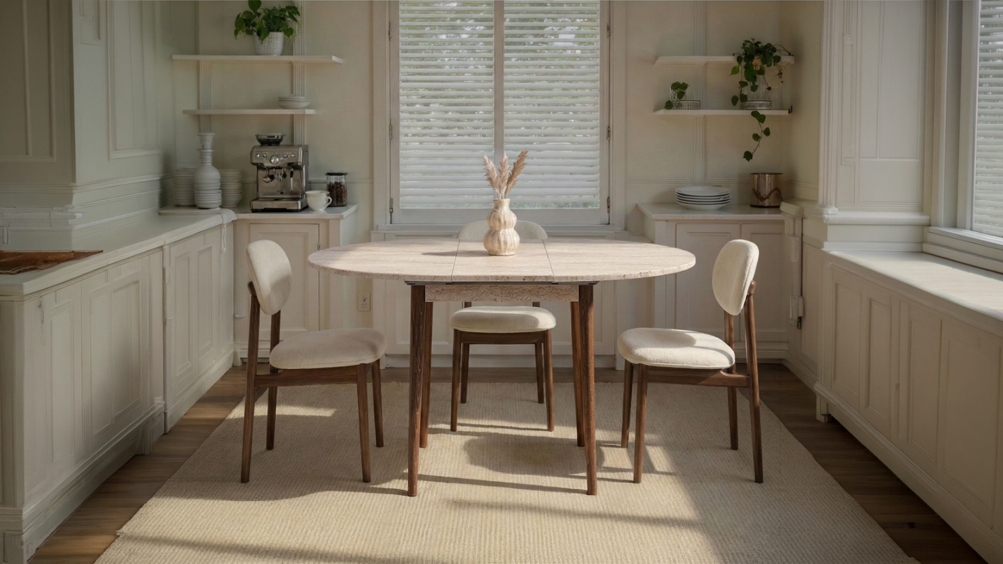 Table à manger extensible ronde effet travertin et noyer 4 convives 100/131 cm - Marea Table à manger extensible ronde effet travertin et noyer 4 convives 100/131 cm - Marea