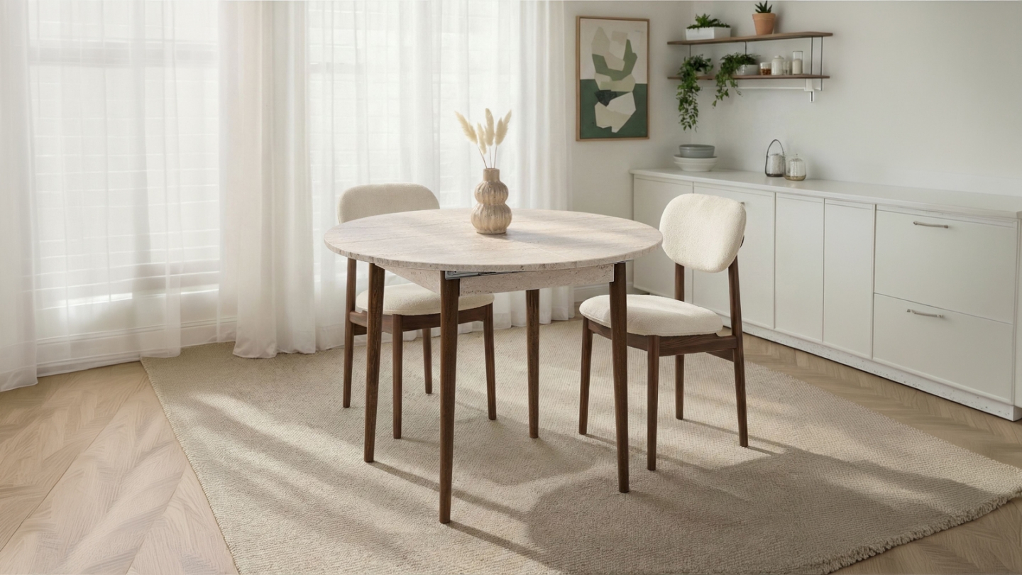 Table à manger extensible ronde effet travertin et noyer 4 convives 100/131 cm - Marea Table à manger extensible ronde effet travertin et noyer 4 convives 100/131 cm - Marea