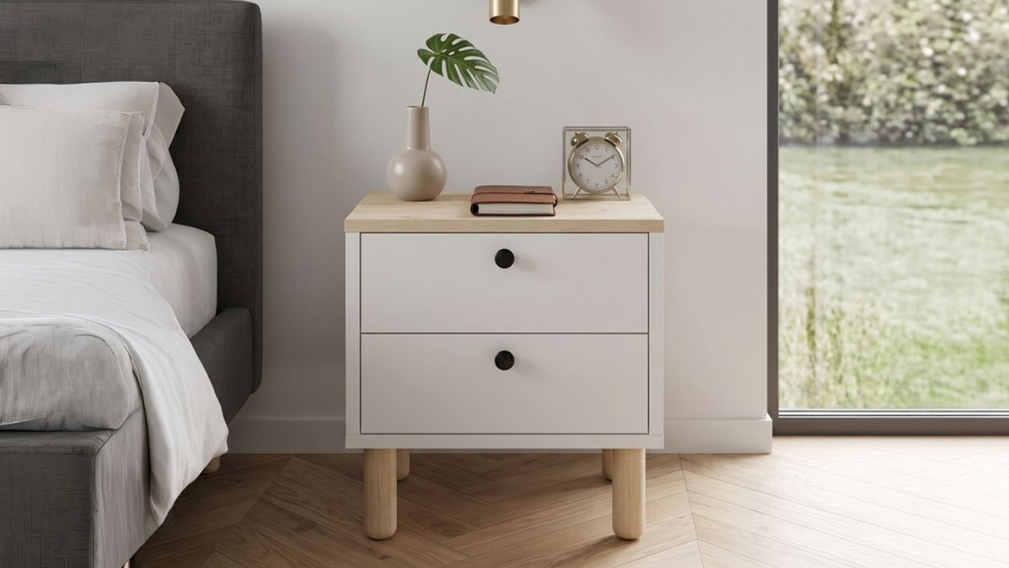 Table de chevet 2 tiroirs effet chêne clair et blanc 44,5 cm - Denza Table de chevet 2 tiroirs effet chêne clair et blanc 44,5 cm - Denza