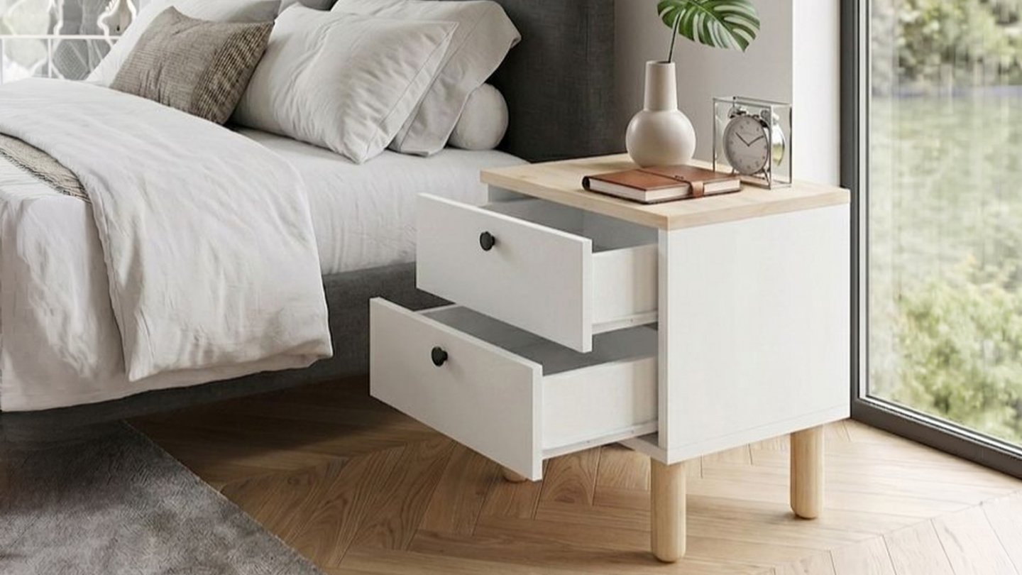 Table de chevet 2 tiroirs effet chêne clair et blanc 44,5 cm - Denza Table de chevet 2 tiroirs effet chêne clair et blanc 44,5 cm - Denza