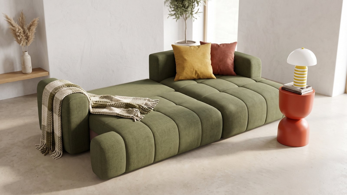 Canapé d'angle à droite convertible 4 places en tissu chenille vert olive - ouverture rapide - Karl Canapé d'angle à droite convertible 4 places en tissu chenille vert olive - ouverture rapide - Karl