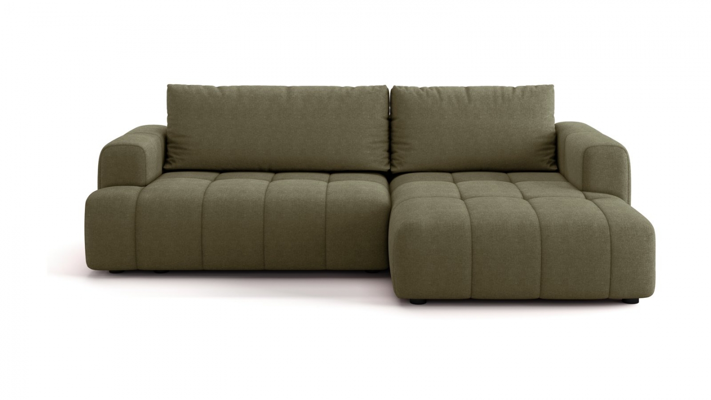 Canapé d'angle à droite convertible 4 places en tissu chenille vert olive - ouverture rapide - Karl Canapé d'angle à droite convertible 4 places en tissu chenille vert olive - ouverture rapide - Karl