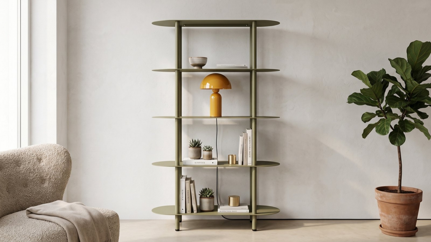 Etagère bibliothèque arrondie 5 niveaux en métal vert kaki 90 cm - Ysia Etagère bibliothèque arrondie 5 niveaux en métal vert kaki 90 cm - Ysia
