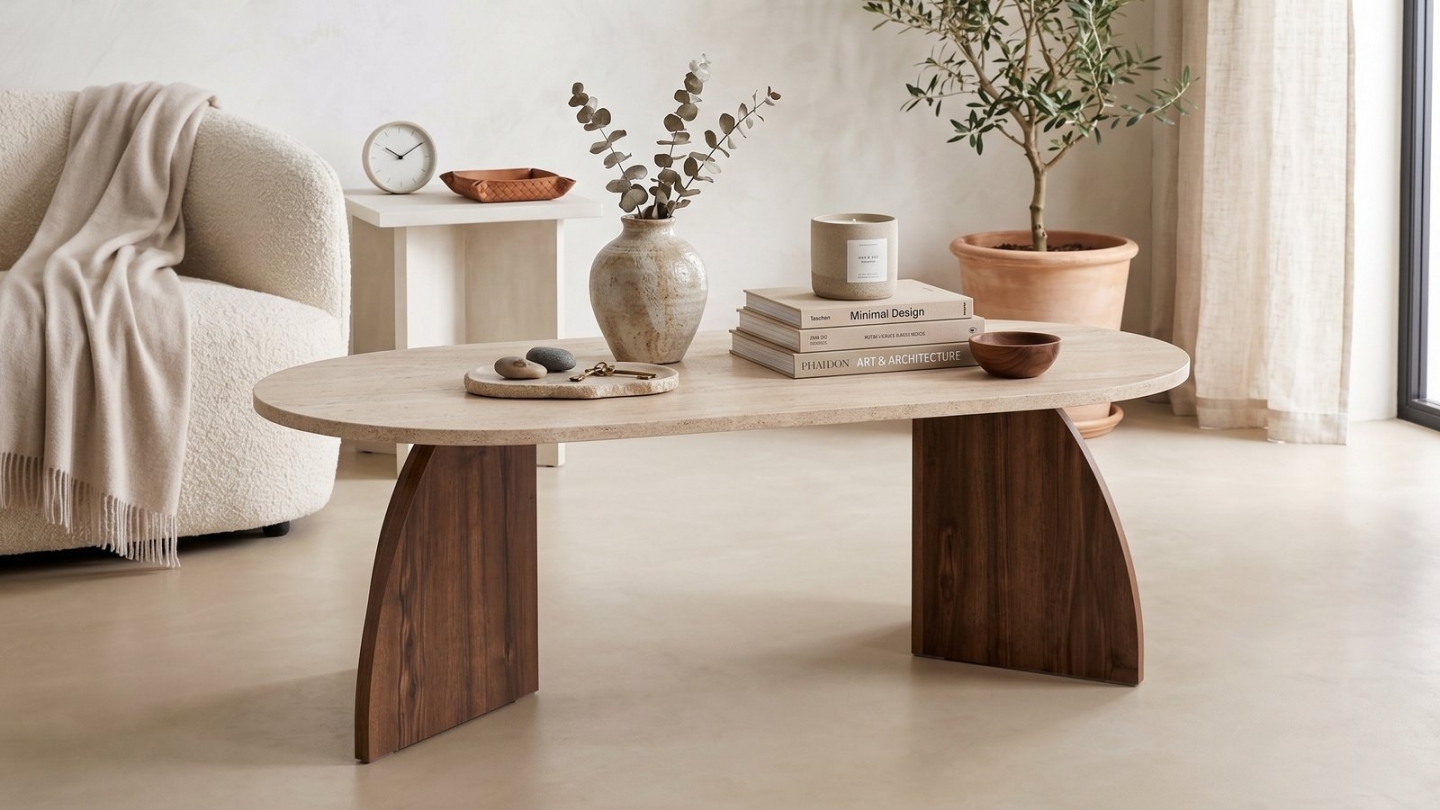 Table basse effet travertin et noyer 120 cm - Lumea Table basse effet travertin et noyer 120 cm - Lumea