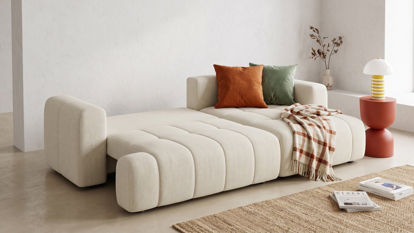 Canapé d'angle à droite convertible 4 places en tissu chenille beige - ouverture rapide - Karl Canapé d'angle à droite convertible 4 places en tissu chenille beige - ouverture rapide - Karl