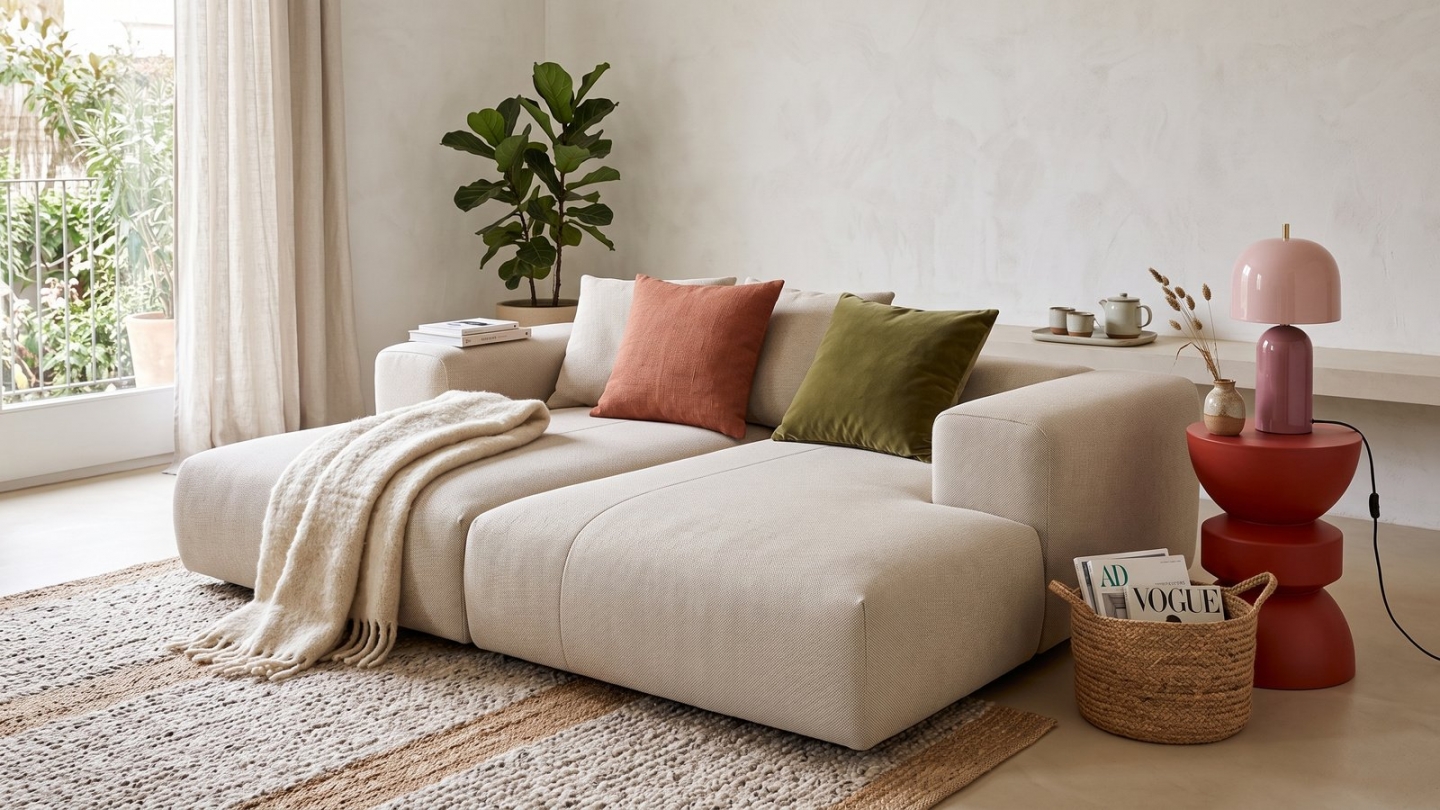 Canapé droit 3 places assise profonde en tissu chenille beige - Belvia Canapé droit 3 places assise profonde en tissu chenille beige - Belvia