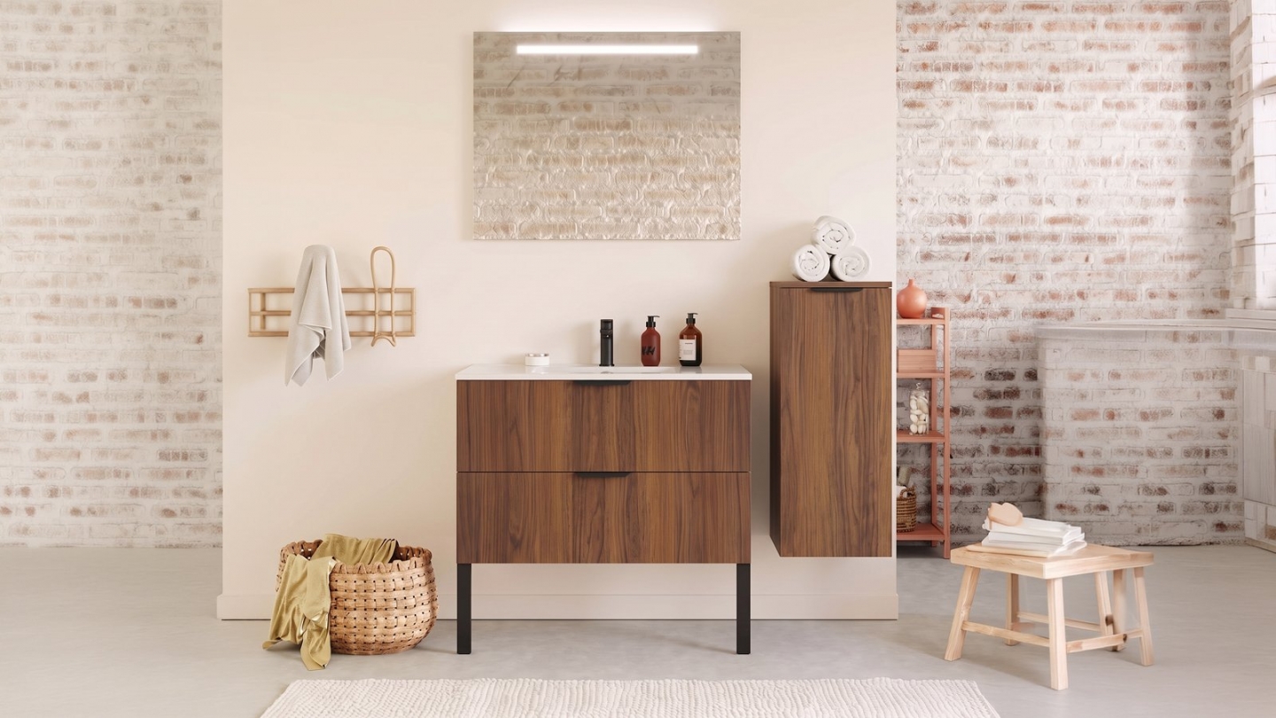 Meuble de salle de bain suspendu vasque intégrée 90cm 2 tiroirs Noyer - Venice Meuble de salle de bain suspendu vasque intégrée 90cm 2 tiroirs Noyer - Venice
