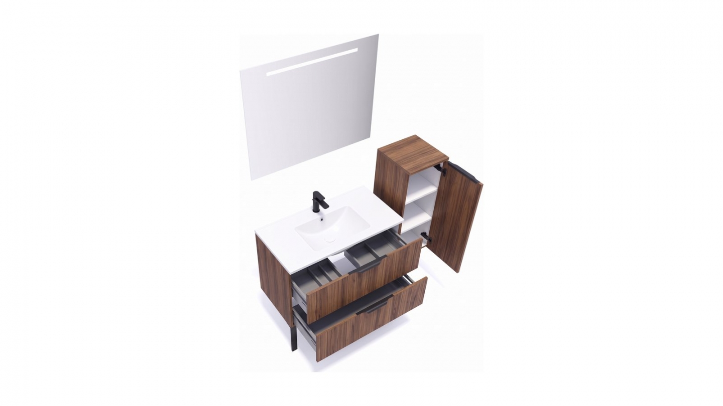 Meuble de salle de bain suspendu vasque intégrée 90cm 2 tiroirs Noyer - Venice Meuble de salle de bain suspendu vasque intégrée 90cm 2 tiroirs Noyer - Venice