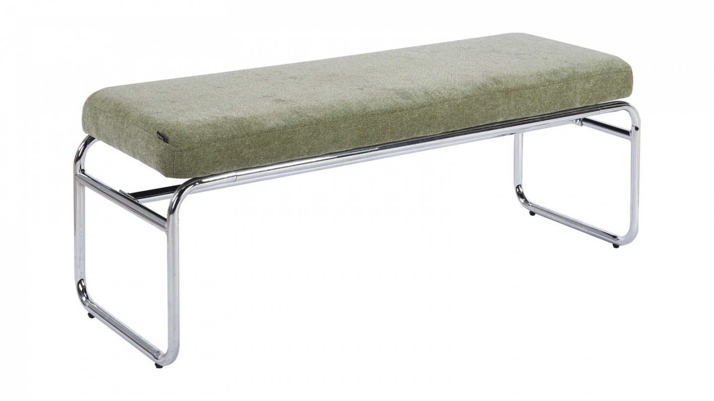 Banc en tissu chenille vert olive et métal chromé 130 cm - Garett Banc en tissu chenille vert olive et métal chromé 130 cm - Garett
