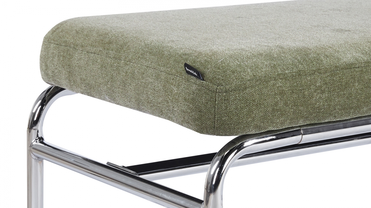 Banc en tissu chenille vert olive et métal chromé 130 cm - Garett Banc en tissu chenille vert olive et métal chromé 130 cm - Garett