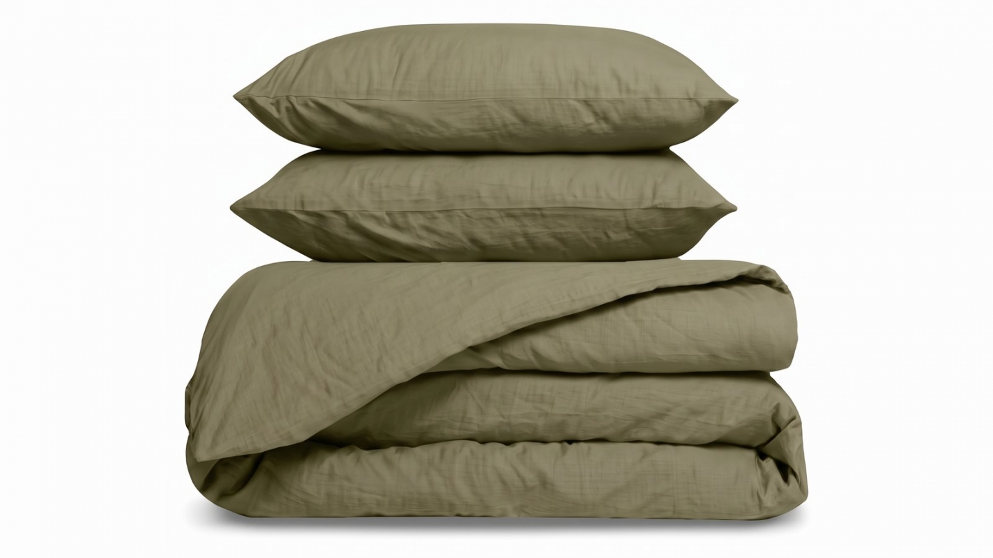 Pack 2 taies d'oreiller & Housse de couette en gaze de coton lavé kaki 260 x 240 cm - Mykonos Pack 2 taies d'oreiller & Housse de couette en gaze de coton lavé kaki 260 x 240 cm - Mykonos