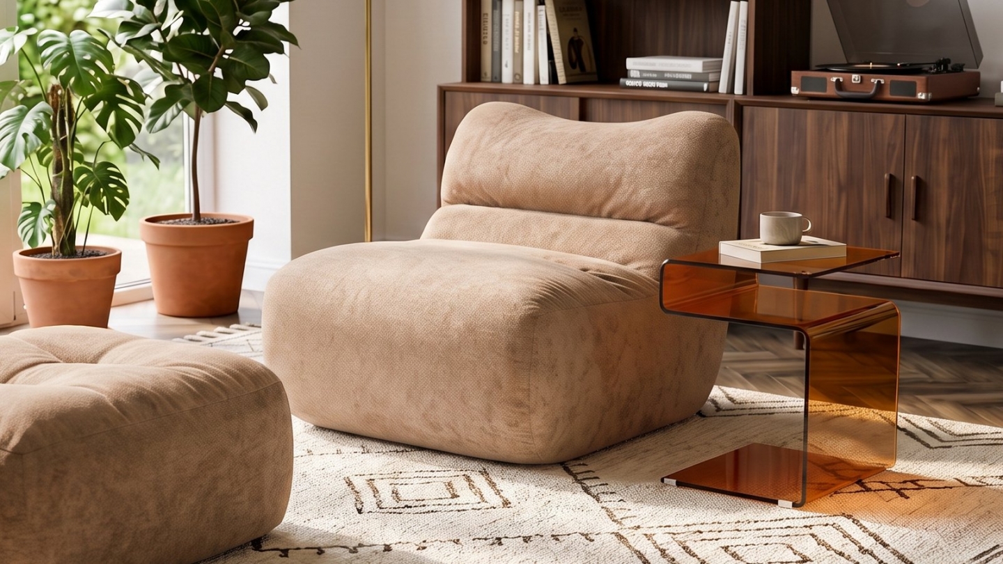 Pouf compressé en tissu chenille moka - Nido Pouf compressé en tissu chenille moka - Nido