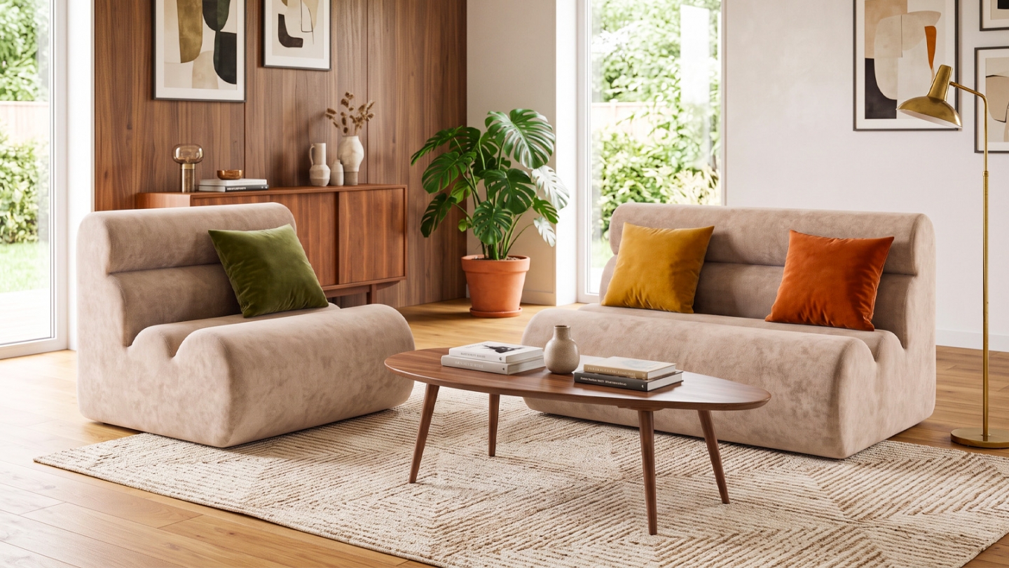 Ensemble chauffeuse + banquette modulables 3 places en tissu chenille moka - Billie Ensemble chauffeuse + banquette modulables 3 places en tissu chenille moka - Billie