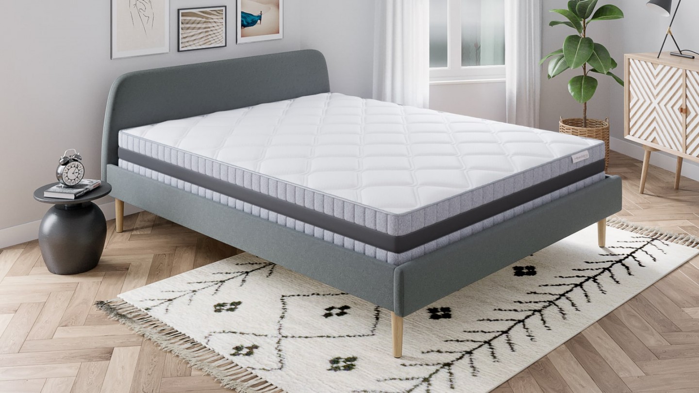 Ensemble matelas mémoire 180x200 Memo Luxe + Lit gris foncé avec sommier Gaby - Mousse HD + Mémoire de forme - Hbedding