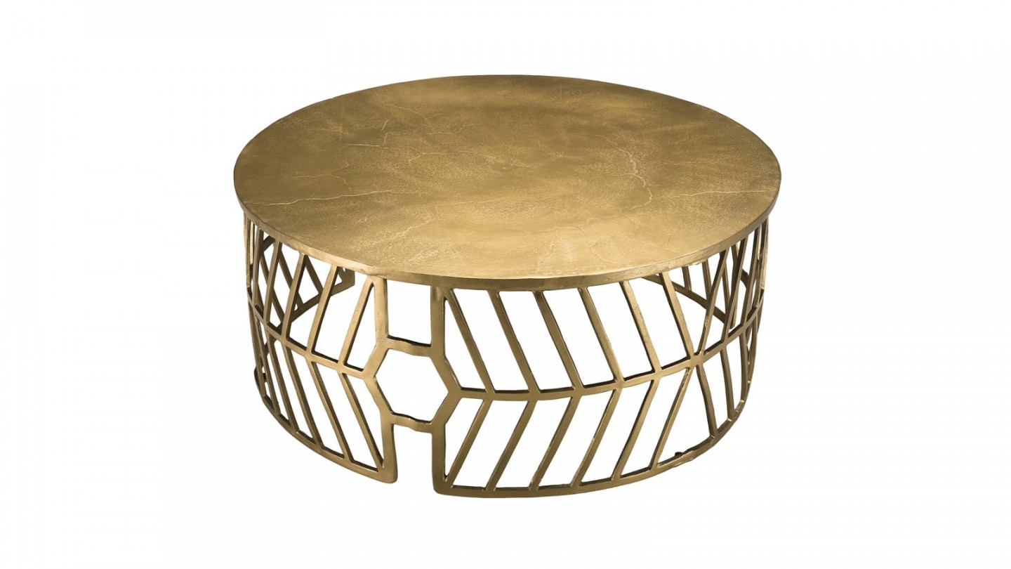 Table basse ronde 89cm en aluminium doré piètement graphique - Collection Johan