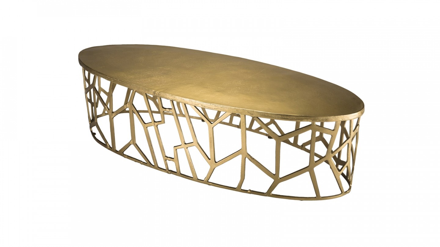 Table basse ovale 150x60cm en aluminium doré piètement graphique - Collection Johan