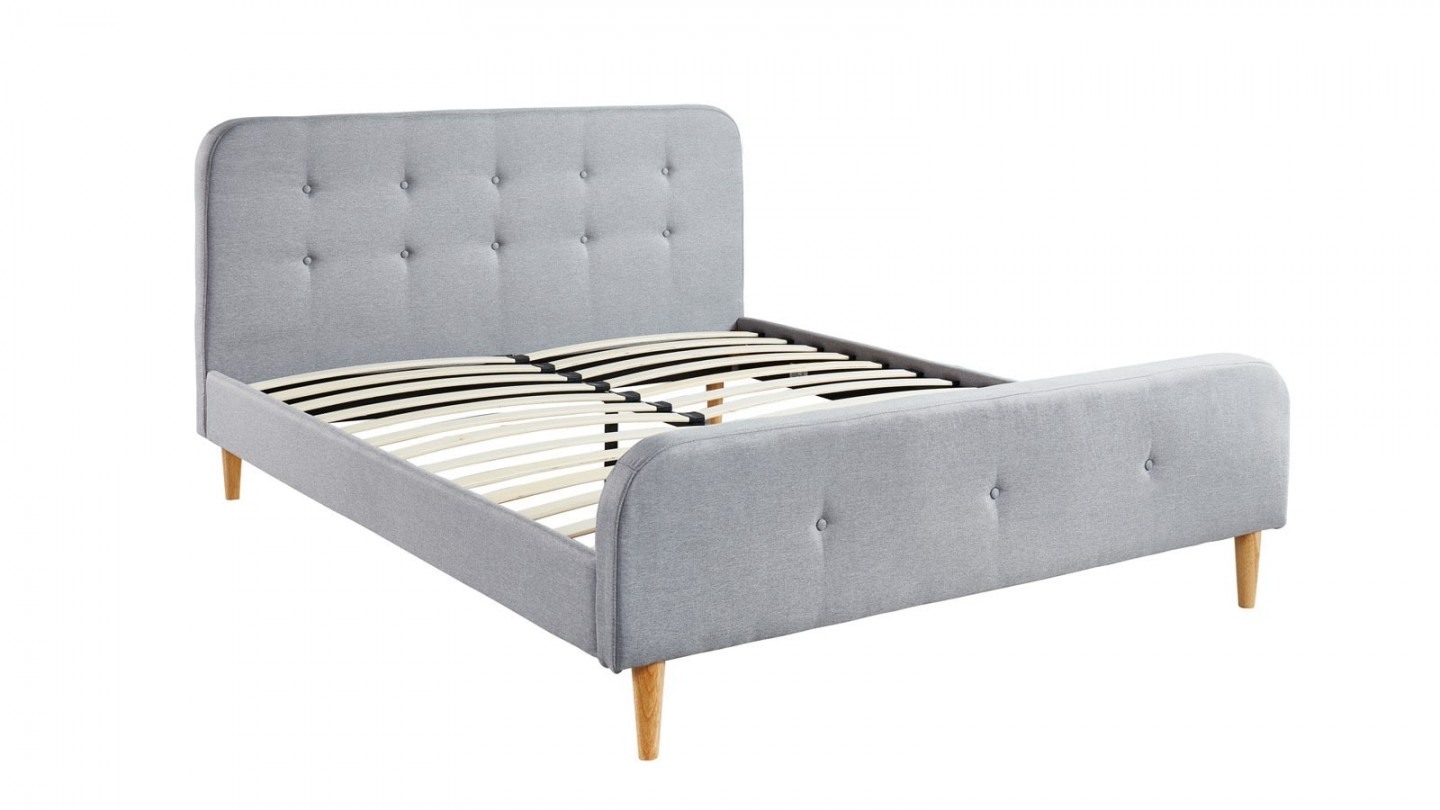 Lit adulte scandinave en tissu gris clair capitonné, sommier à latte, 180x200 - Collection Mark