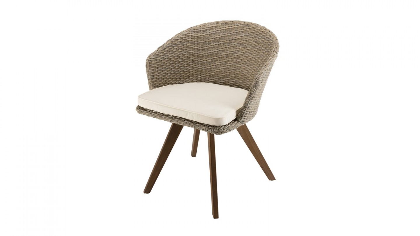 Fauteuil de jardin en rotin synthétique avec coussin écru piètement en acacia - Collection Vick