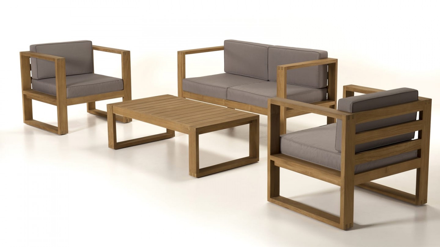 Salon de jardin 4 places en teck avec coussins taupe - Collection Ibiza