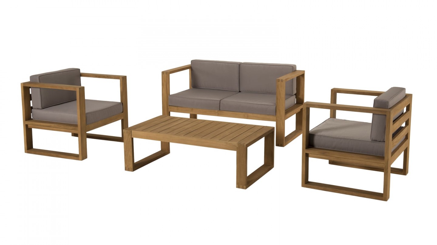 Salon de jardin 4 places en teck avec coussins taupe - Collection Ibiza