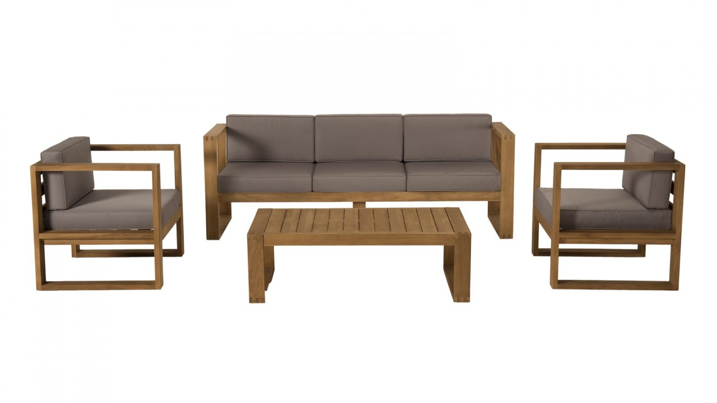 Salon de jardin 5 places en teck avec coussins taupe - Collection Majorque