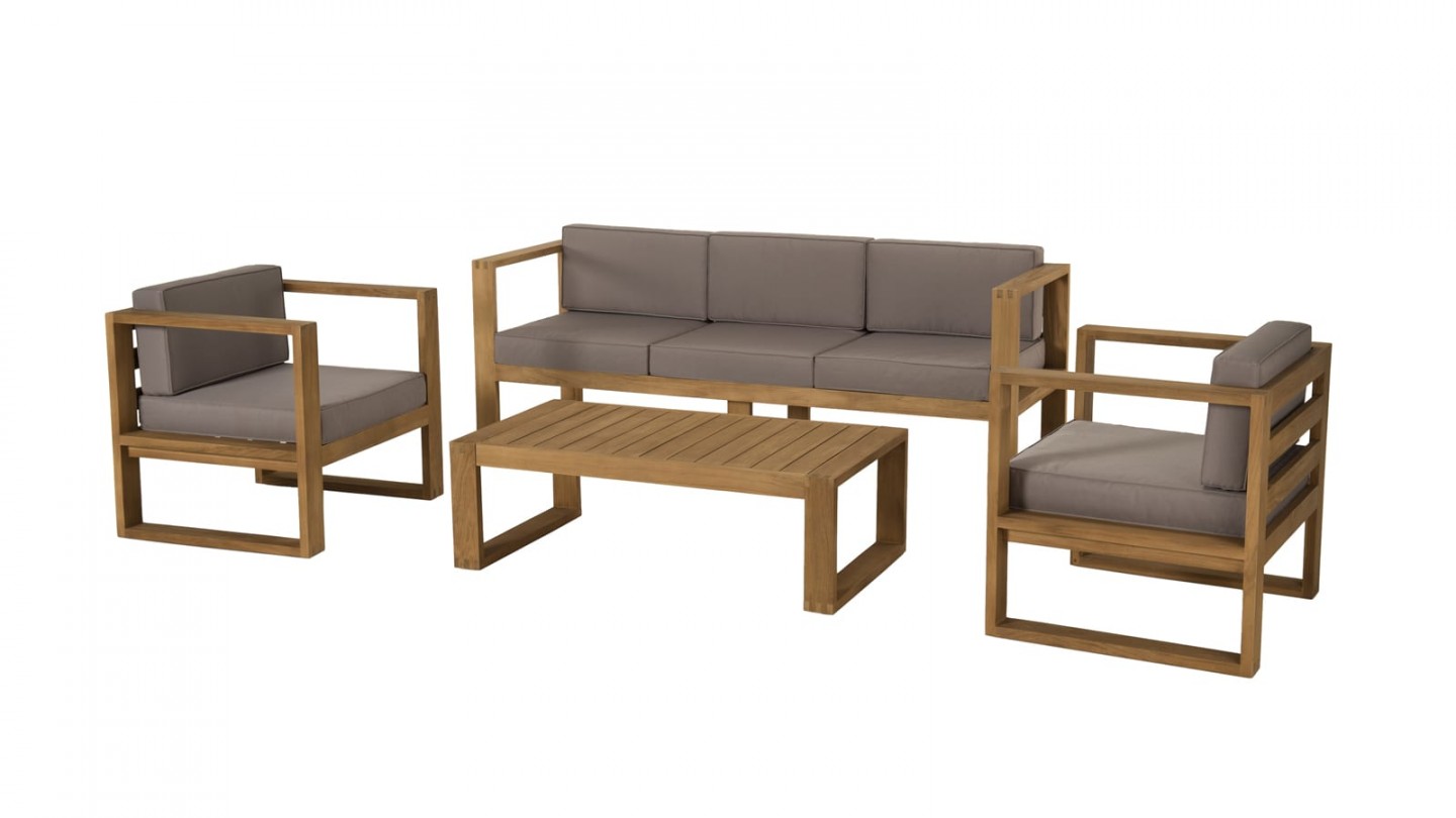 Salon de jardin 5 places en teck avec coussins taupe - Collection Majorque