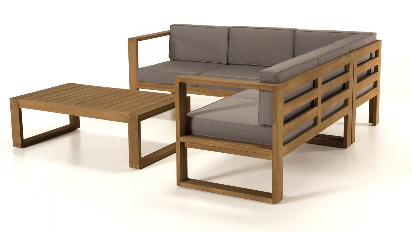 Salon de jardin 5 places en teck avec coussins taupe - Collection Minorque