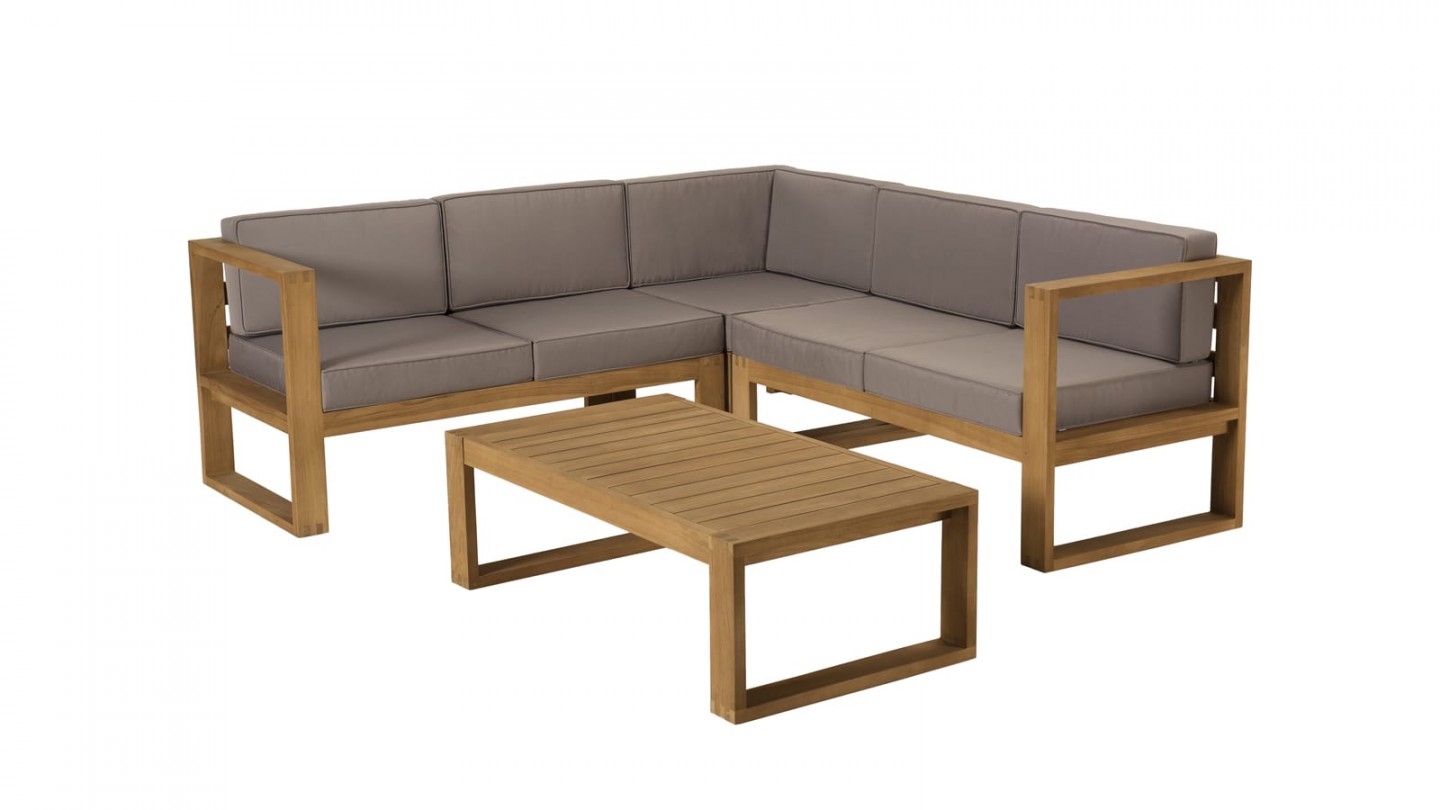 Salon de jardin 5 places en teck avec coussins taupe - Collection Minorque