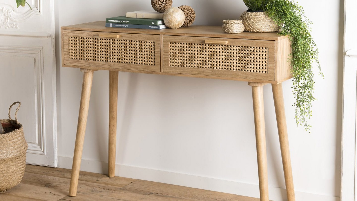 Console 2 tiroirs en bois naturel et rotin - Collection Rodrigo