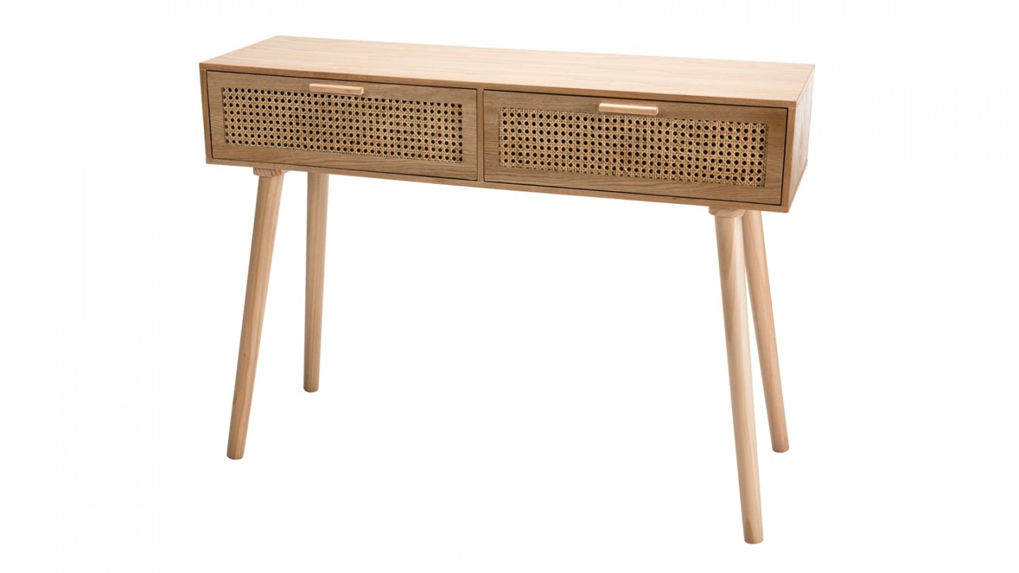 Console 2 tiroirs en bois naturel et rotin - Collection Rodrigo