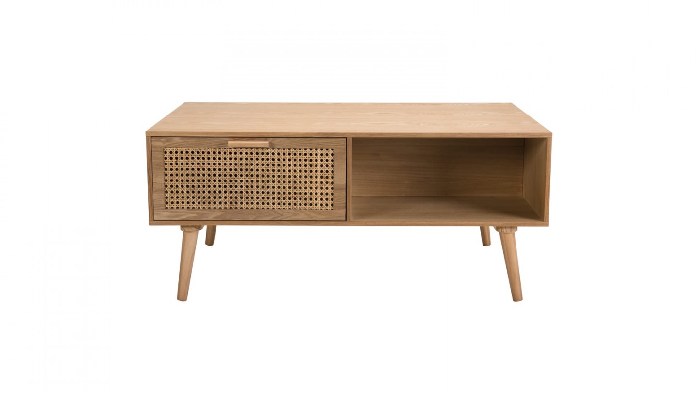 Table basse 2 tiroirs 2 niche en bois naturel et rotin - Collection Rodrigo