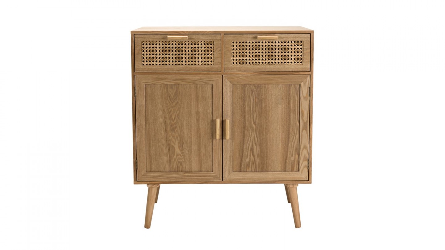 Buffet en bois naturel 2 portes 2 tiroirs en rotin - Collection Rodrigo